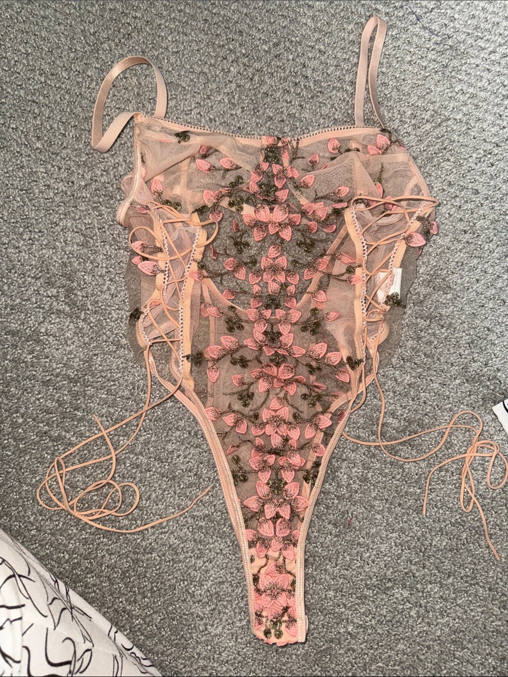 Sheer Embroidered Floral Lace Bodysuit in Peach